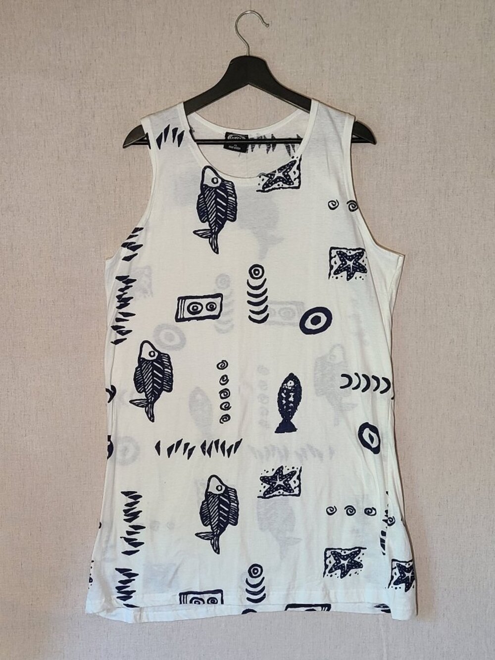 Women's Tank Dress XL White Blue Fish Print Jersey Knit Sleeveless Coverup Beach
